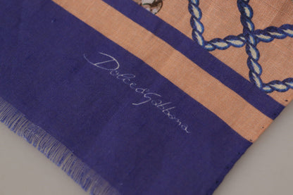 Dolce &amp; Gabbana Blue Linen Seashell Pattern Mens Wrap Shawl Scarf