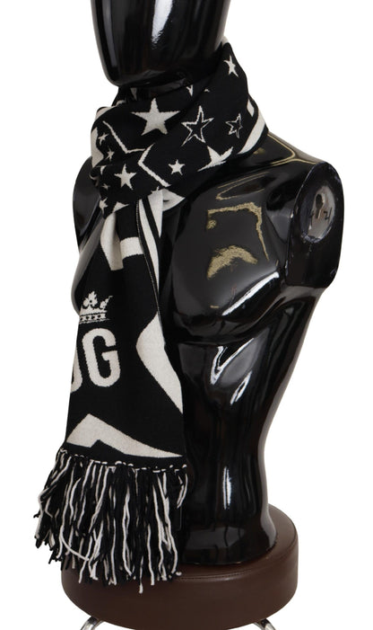 Dolce &amp; Gabbana White Black DG Logo Star Printed Wool Fringe Scarf