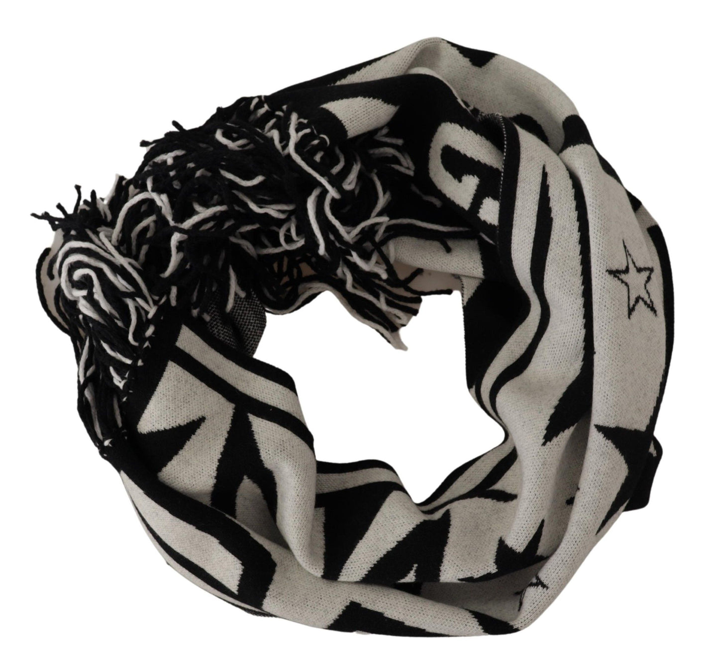 Dolce &amp; Gabbana White Black DG Logo Star Printed Wool Fringe Scarf