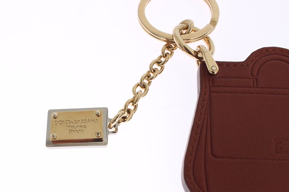 Dolce &amp; Gabbana Elegant Brown Leather Keychain with Gold Detailing