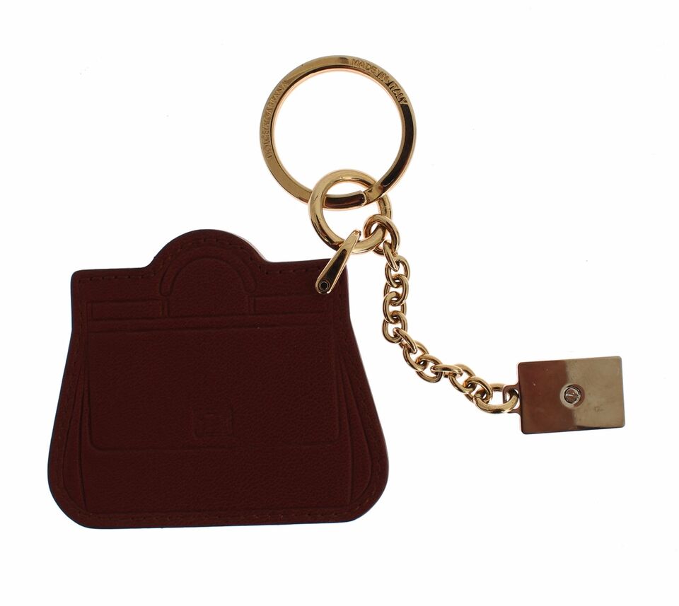 Dolce &amp; Gabbana Elegant Brown Leather Keychain with Gold Detailing